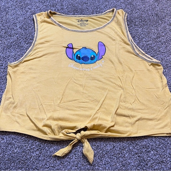 Disney Top Womens Yellow Stitch Ohana Means Family Graphic Tie Front Tank - Picture 1 of 2